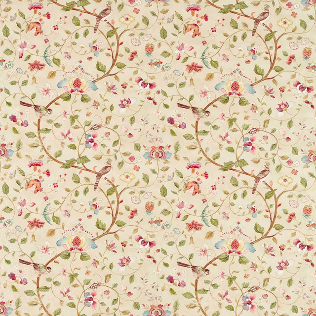 Cream floral fabric with olive leaves, mulberry blossoms and painted birds