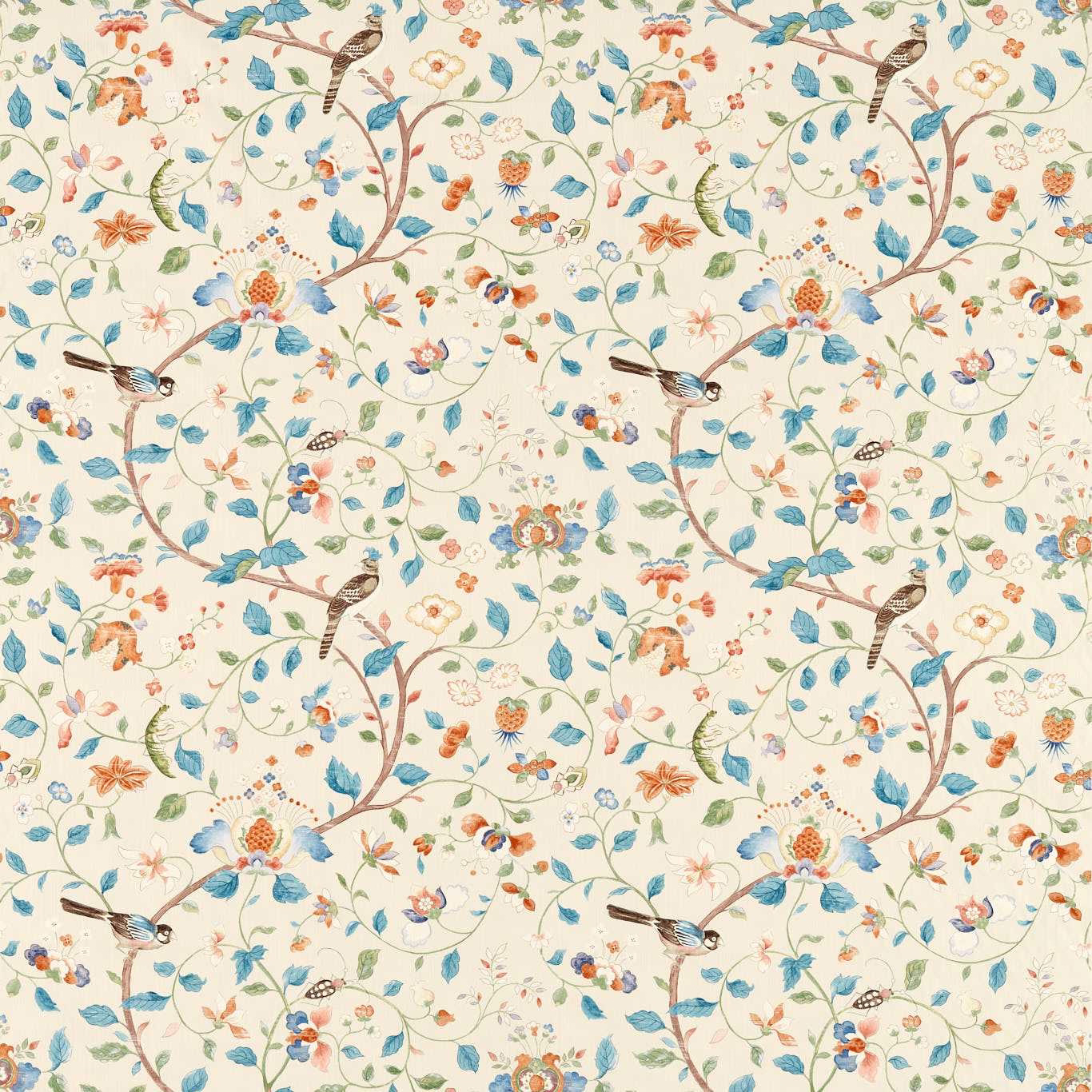 Cream botanical fabric with teal leaves, russet branches and small birds
