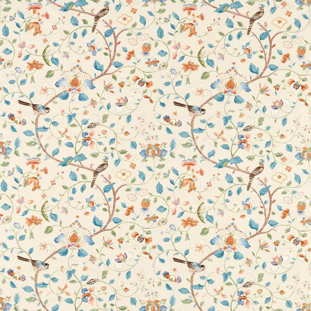 Cream botanical fabric with teal leaves, russet branches and small birds