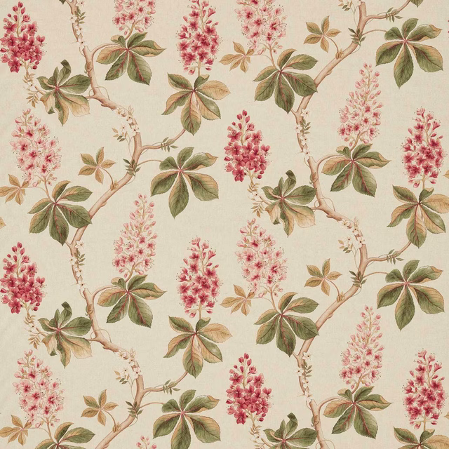 Cream woven floral fabric with coral blossom clusters, green leaves and branching stems