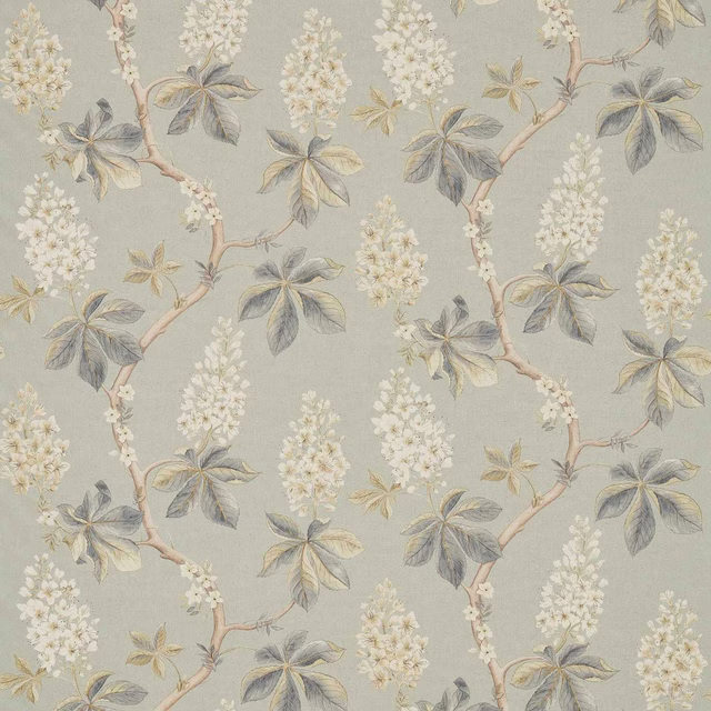 Botanical fabric with grey-blue leaves, pale blossom and branching stems on a soft sage ground