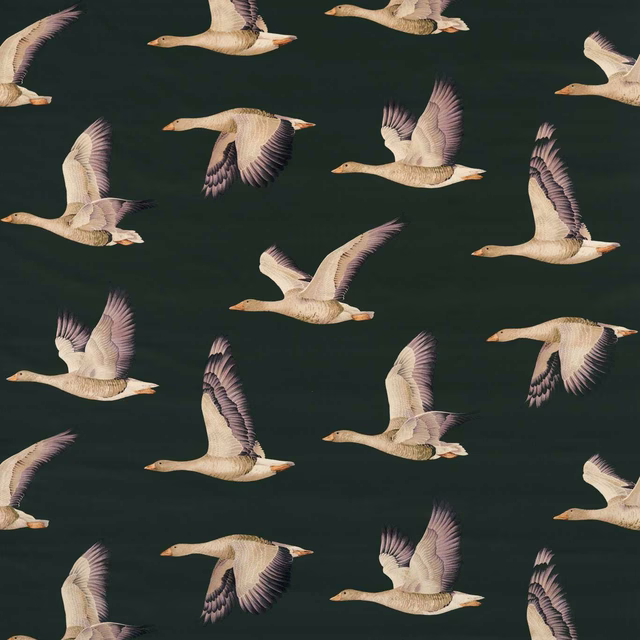 Flying geese velvet fabric on a deep forest green ground with pale wings