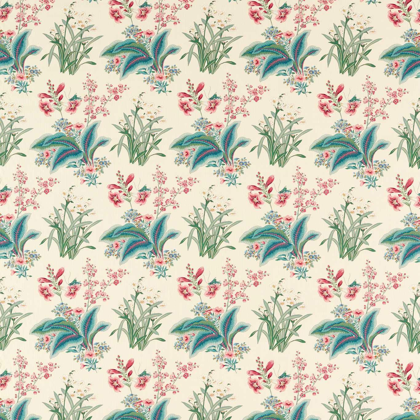 Botanical fabric with blush pink flowers and jade-green leaves on a cream ground