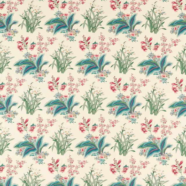 Botanical fabric with blush pink flowers and jade-green leaves on a cream ground