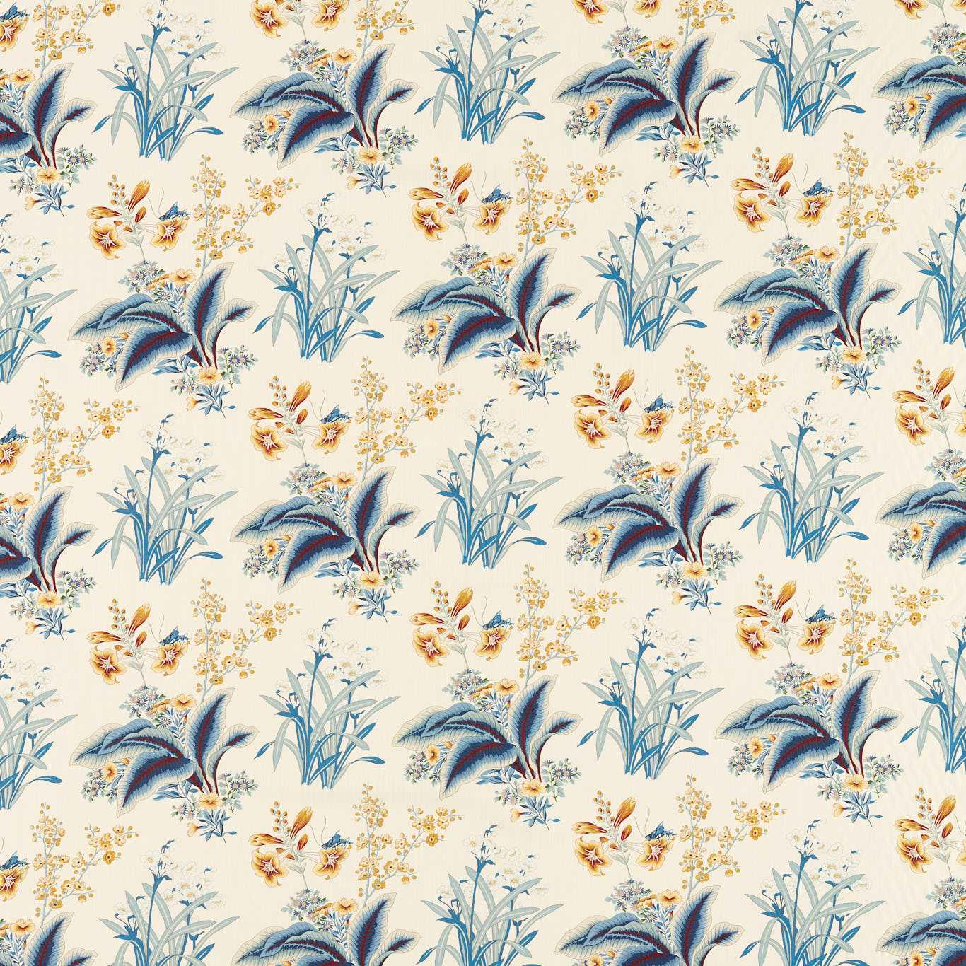 Cream botanical fabric with indigo leaves and primrose flower sprigs
