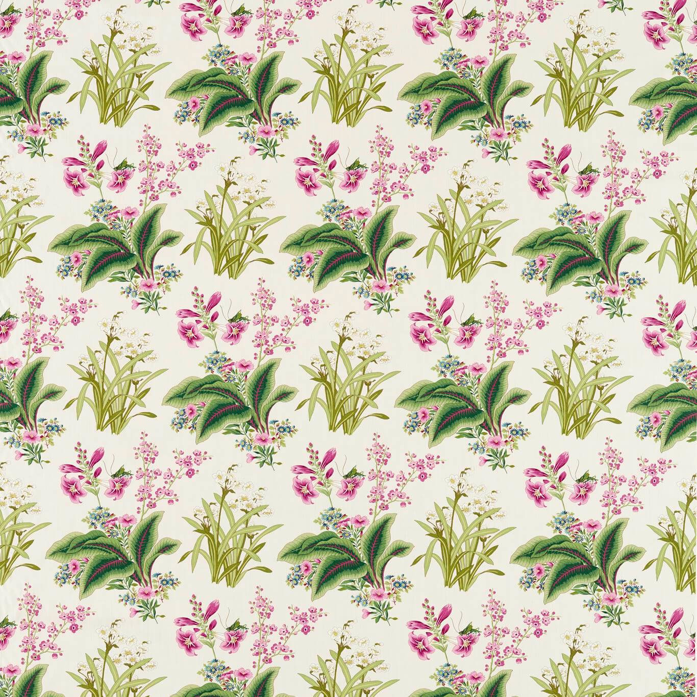 Floral botanical fabric swatch with pink flowers and green leafy motifs on a cream ground
