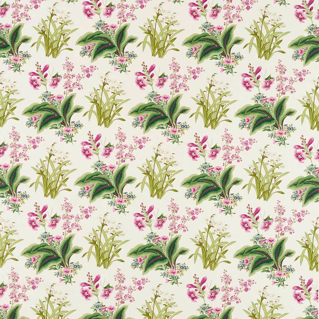 Floral botanical fabric swatch with pink flowers and green leafy motifs on a cream ground