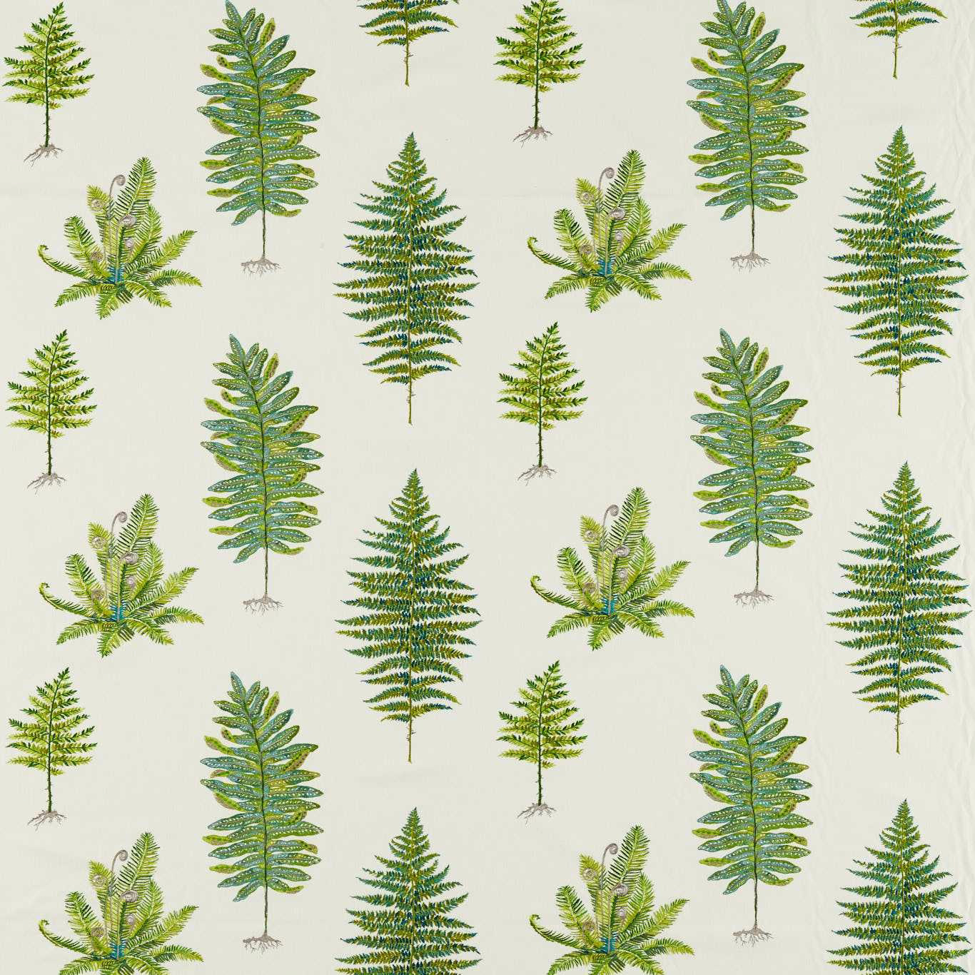 Cream fabric swatch with scattered embroidered fern motifs in layered greens