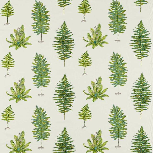 Cream fabric swatch with scattered embroidered fern motifs in layered greens