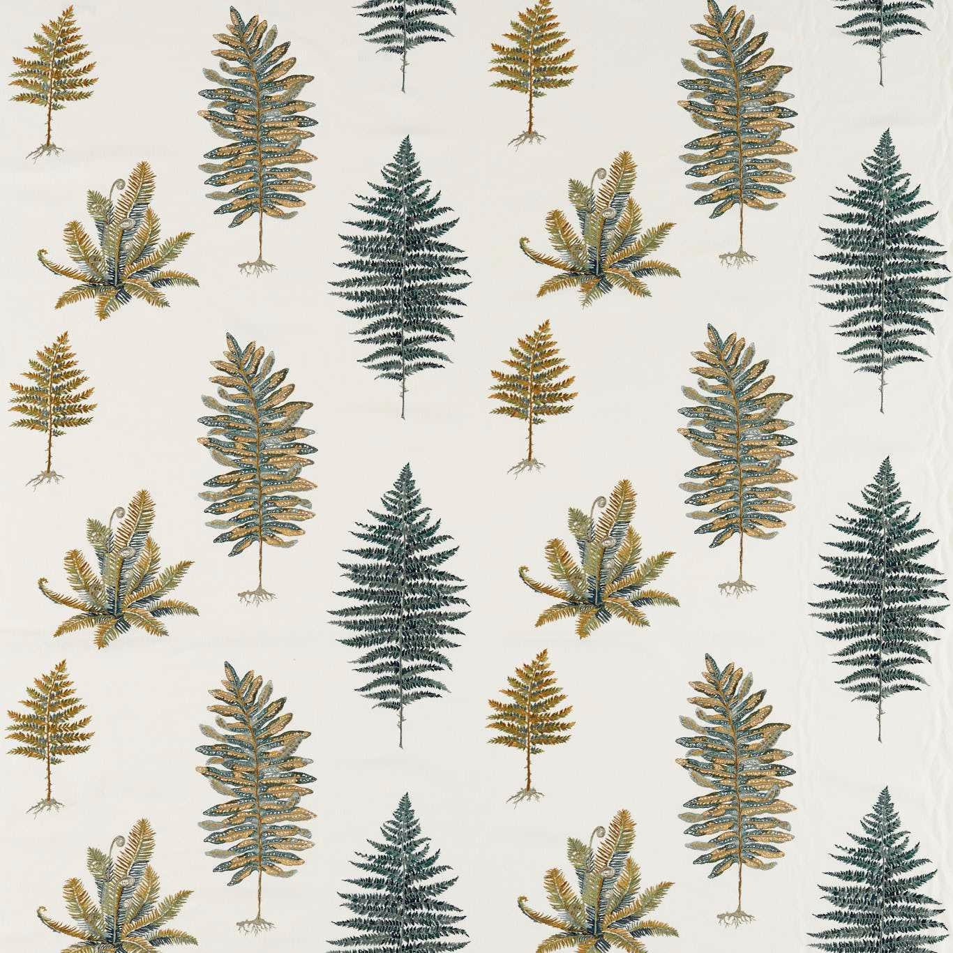Embroidered fern and leaf motifs in forest green, blue and gold on ivory ground
