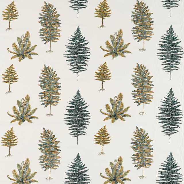 Embroidered fern and leaf motifs in forest green, blue and gold on ivory ground