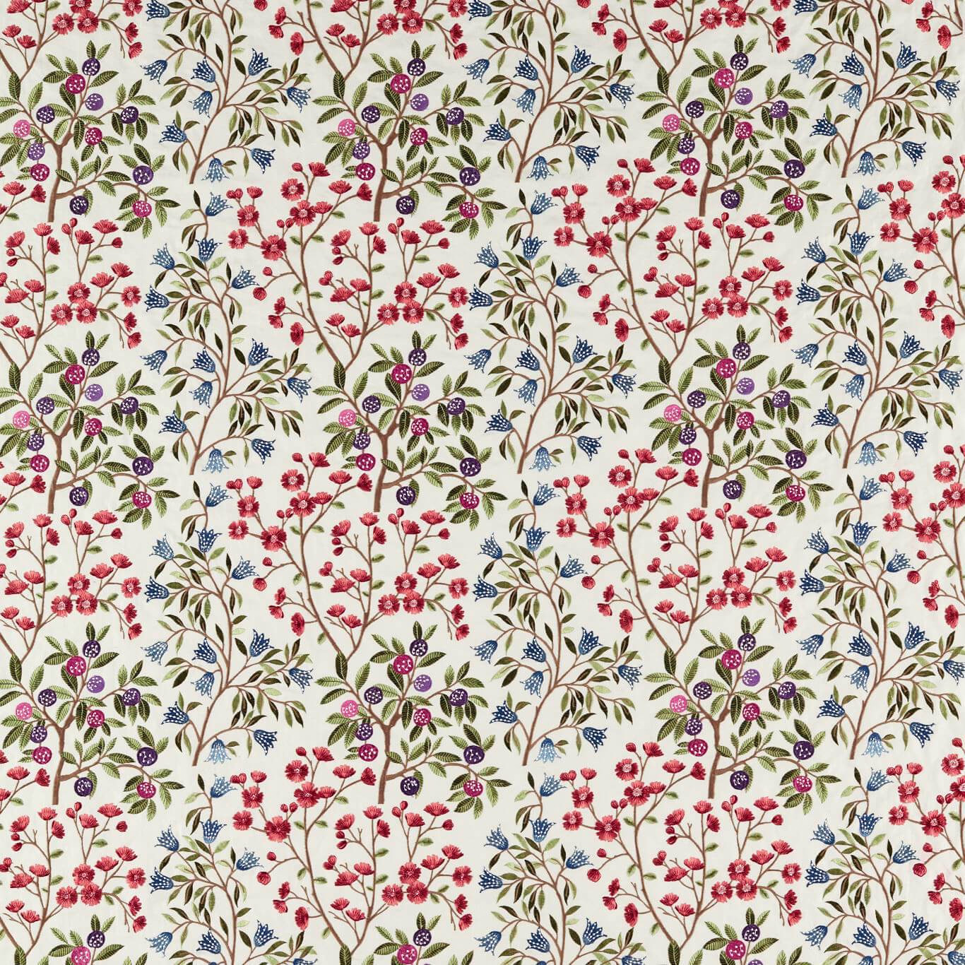 Cream embroidered fabric with berry-red branches, green leaves and violet fruit motifs