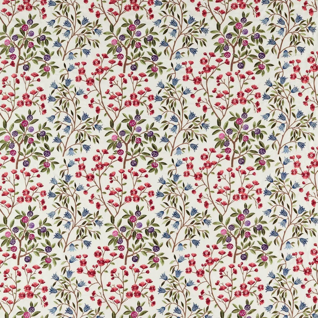 Cream embroidered fabric with berry-red branches, green leaves and violet fruit motifs