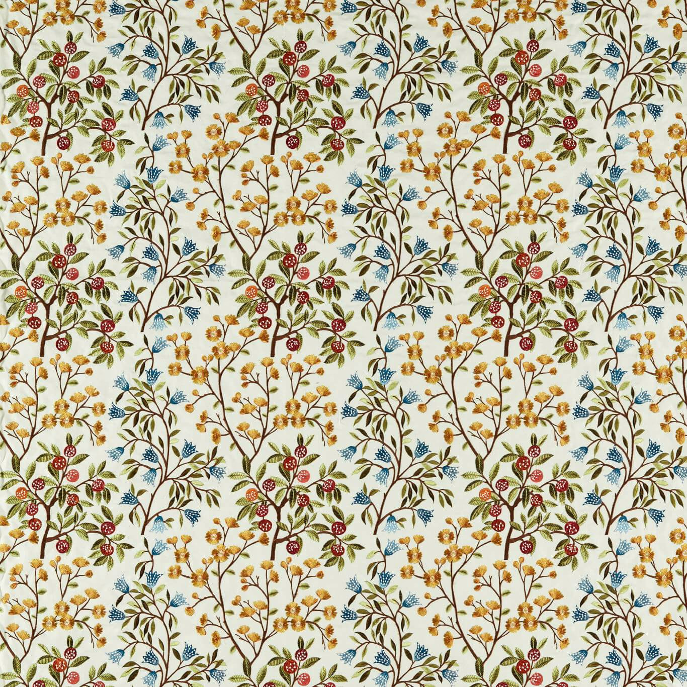Cream botanical fabric with berry branches, olive leaves and blue sprigs
