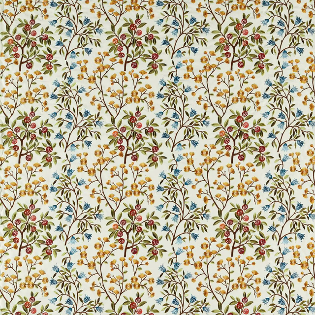 Cream botanical fabric with berry branches, olive leaves and blue sprigs