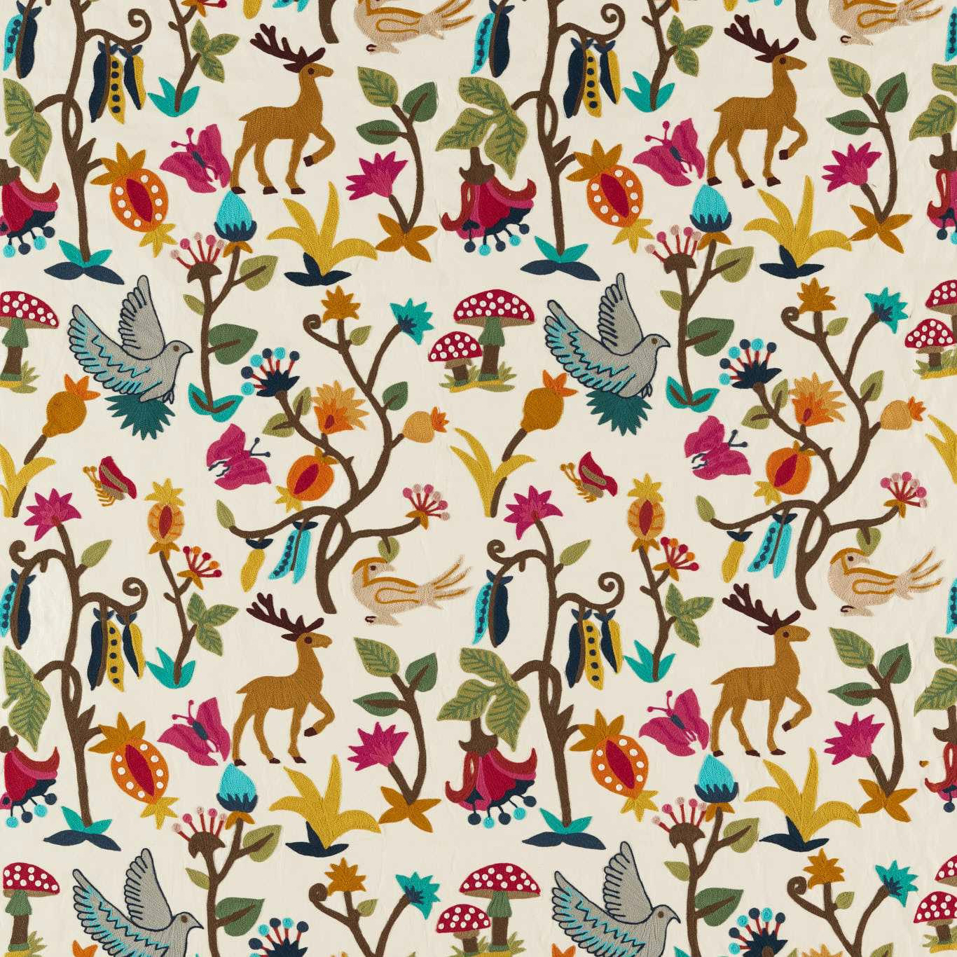 Bright woodland print on cream ground with deer, birds, trees and fungi