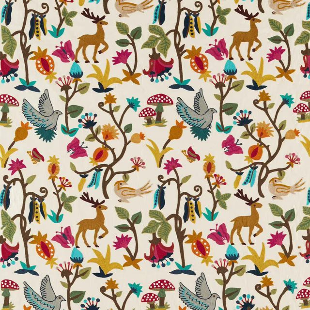 Bright woodland print on cream ground with deer, birds, trees and fungi