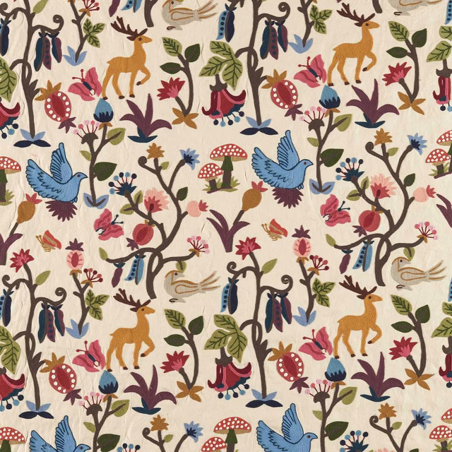 Mulberry woodland print on cream fabric with birds, deer, flowers and mushrooms