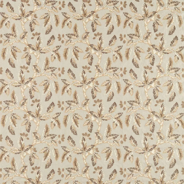 Leafy repeating botanical fabric in flax beige, taupe and cream