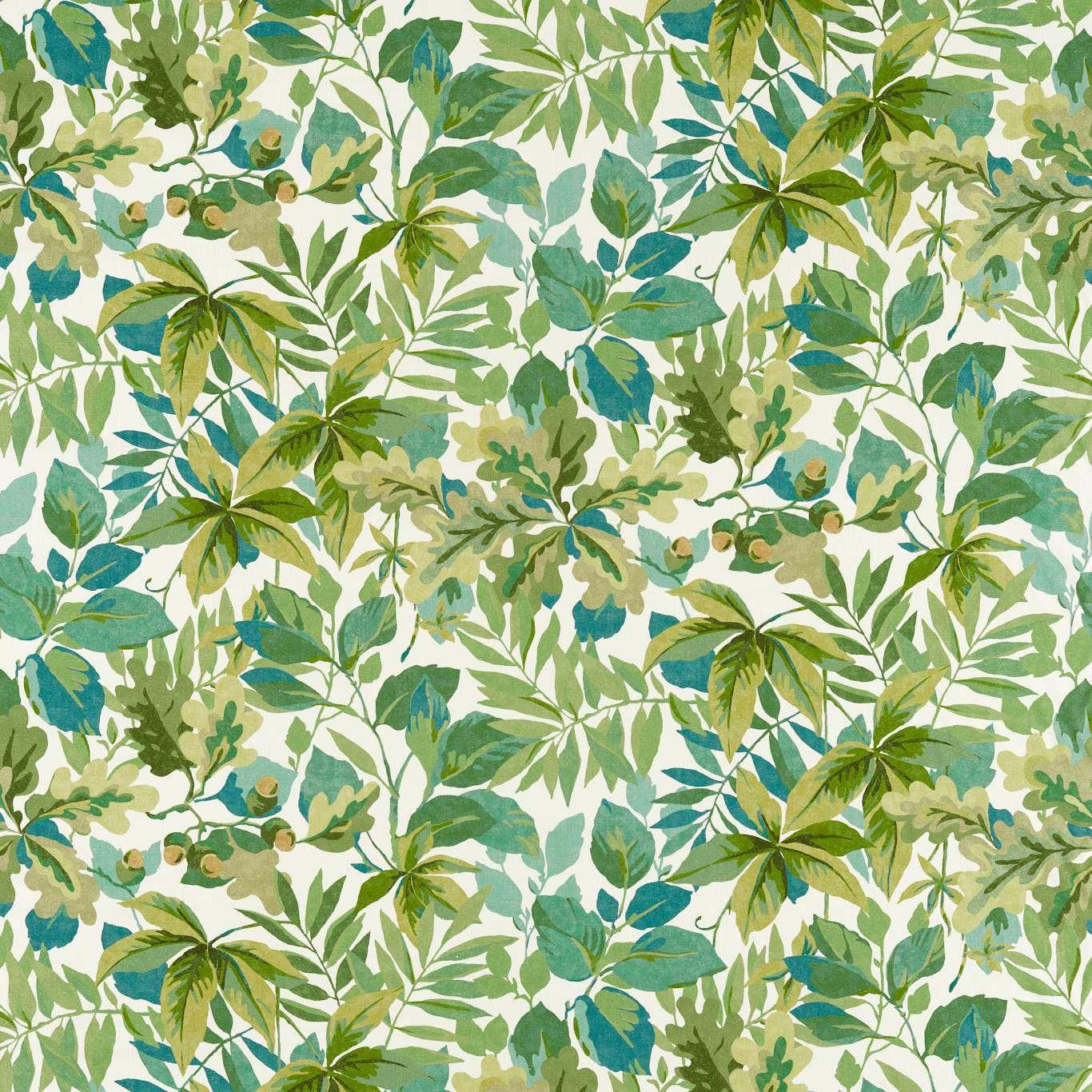 Cream-ground botanical fabric with layered forest and sap green leaves and teal accents