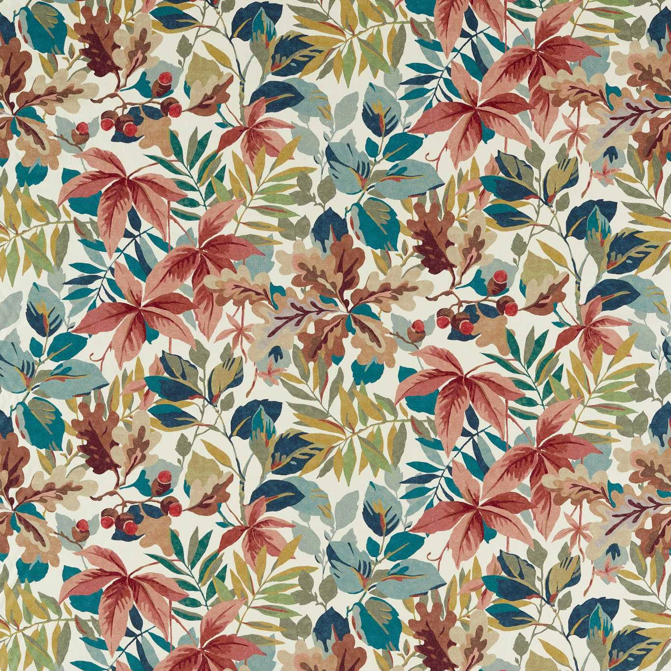 Multicoloured botanical fabric with ink blue leaves, berry clusters and soft pink foliage