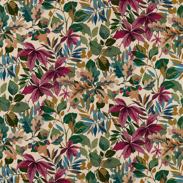 Mulberry and teal botanical leaf fabric on a warm cream ground