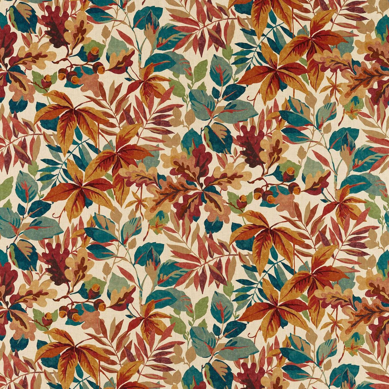 Autumn leaf botanical fabric in russet, teal and cream with large-scale foliage