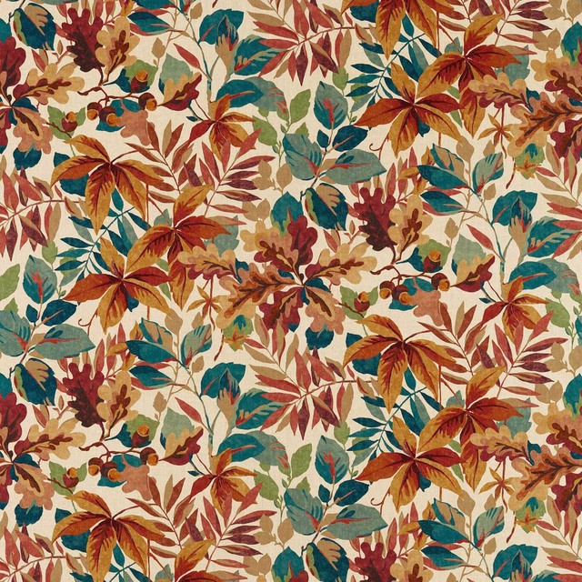 Autumn leaf botanical fabric in russet, teal and cream with large-scale foliage