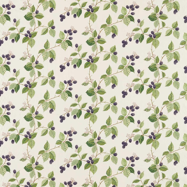 Ivory fabric swatch with trailing green leaves and deep plum blackberry clusters