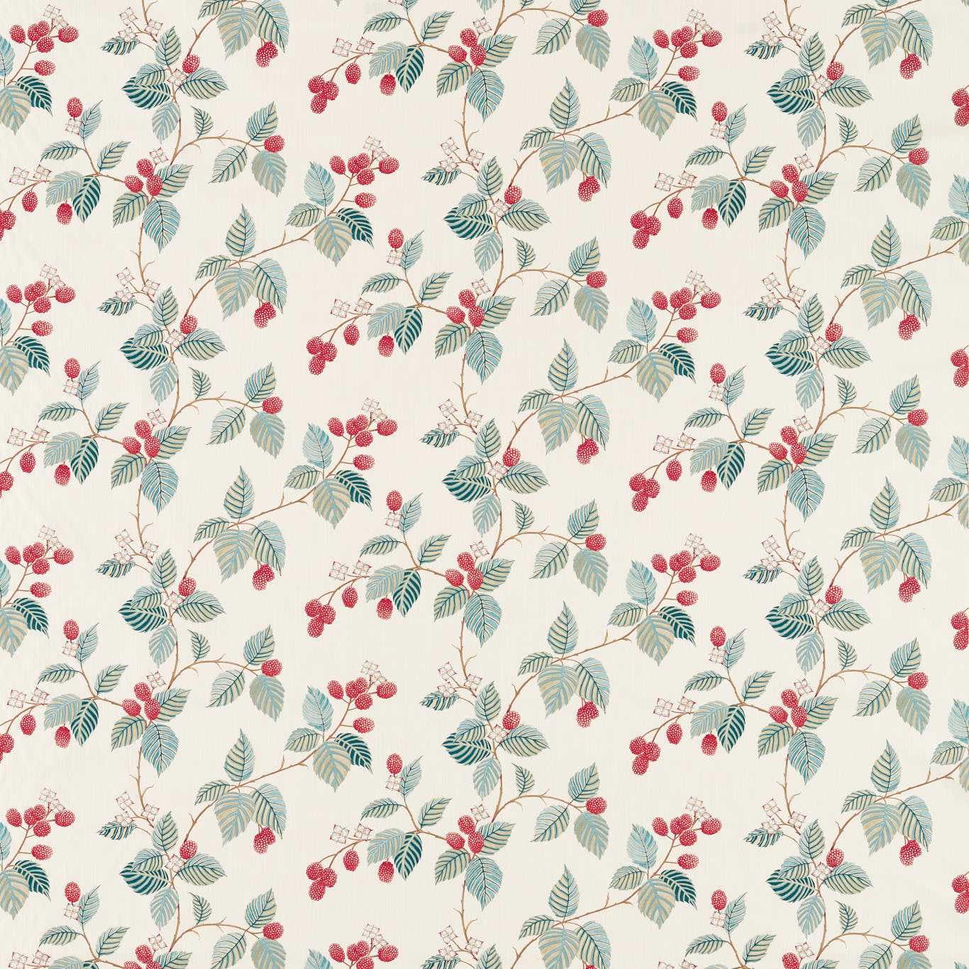 Cream botanical fabric with raspberry berries and pale blue-green leaves