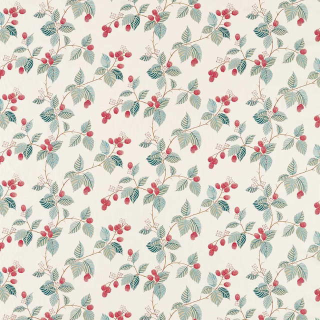 Cream botanical fabric with raspberry berries and pale blue-green leaves