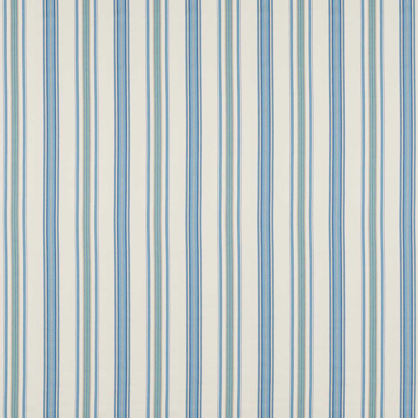 Vertical indigo and ivory stripe fabric swatch with fine woven texture