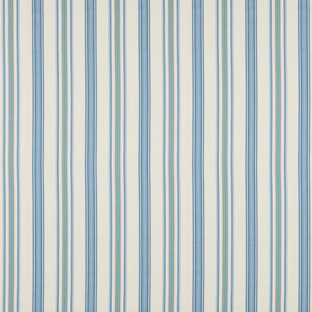 Vertical indigo and ivory stripe fabric swatch with fine woven texture