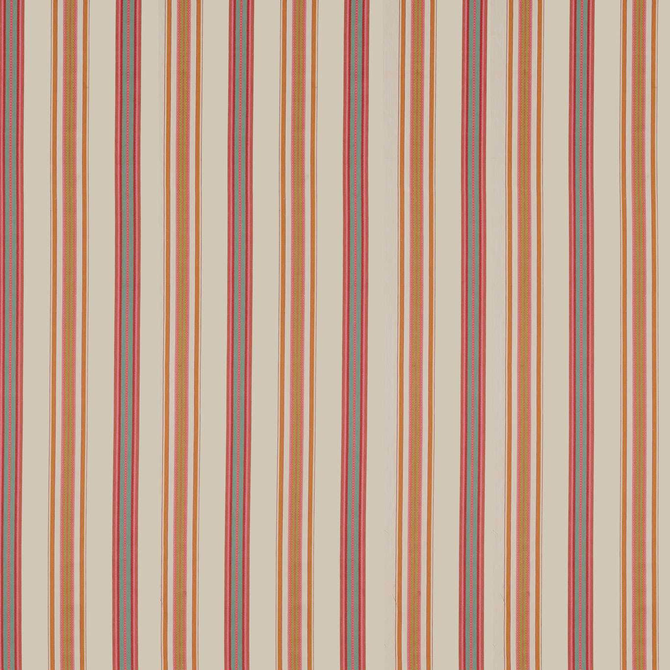 Vertical berry, cream, moss and ochre striped fabric swatch on a pale ground