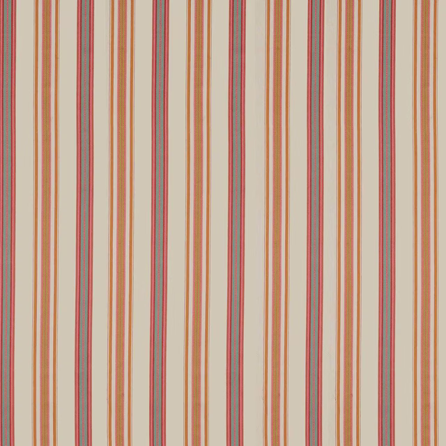 Vertical berry, cream, moss and ochre striped fabric swatch on a pale ground