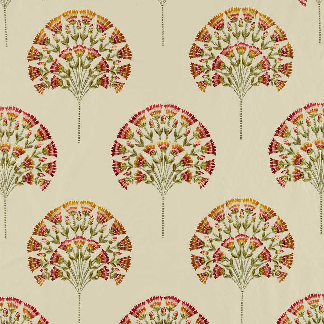Cream floral fabric with fan motifs in amber, red and olive green