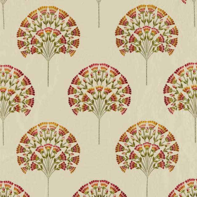 Cream floral fabric with fan motifs in amber, red and olive green