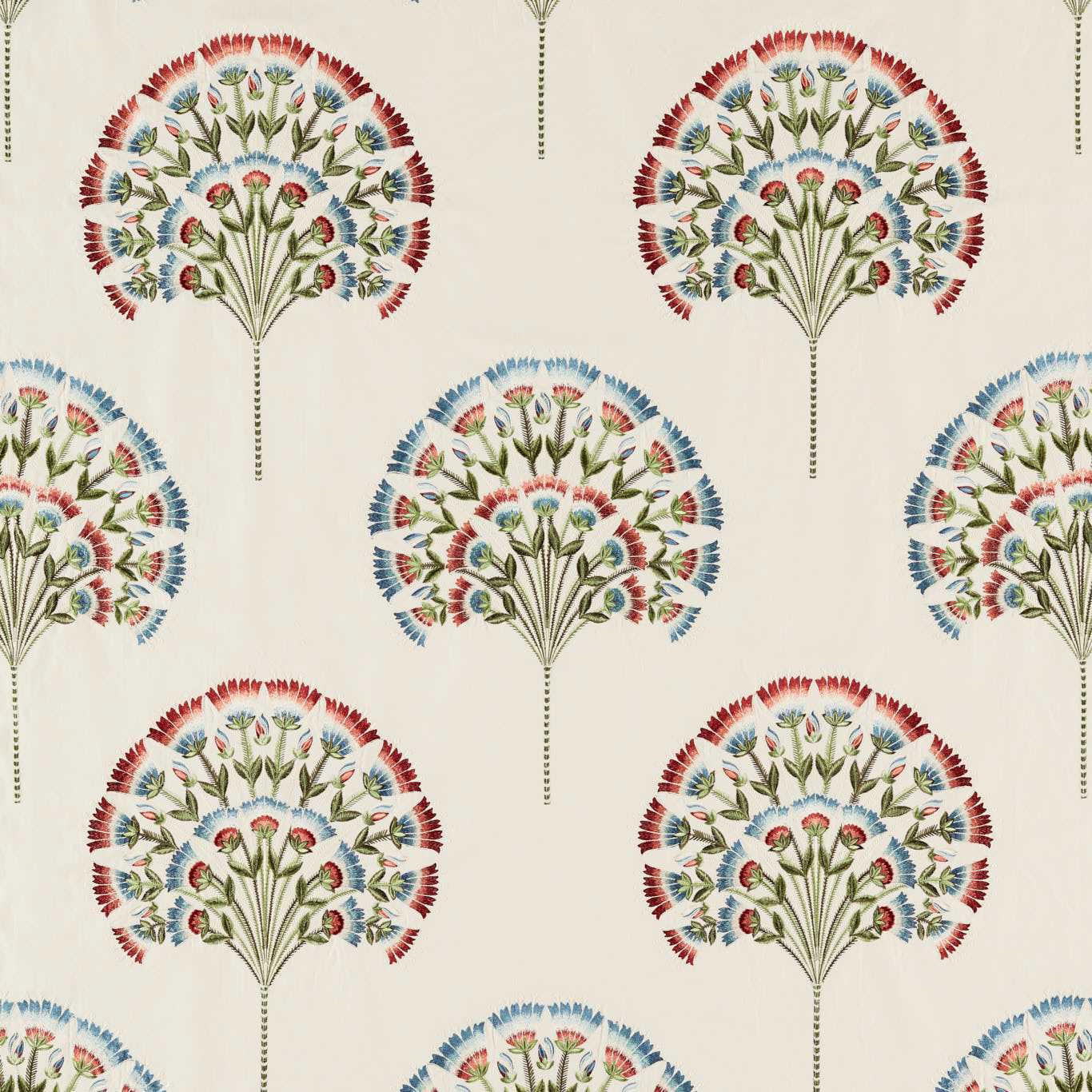 Cream fabric swatch with repeated fan-shaped floral motif in cranberry, blue and green