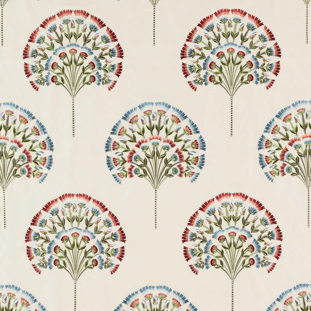 Cream fabric swatch with repeated fan-shaped floral motif in cranberry, blue and green