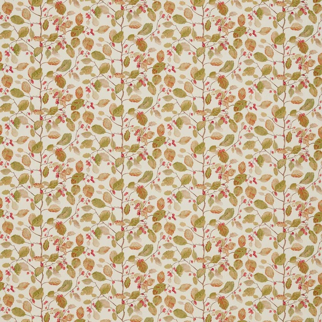Cream botanical fabric with olive leaves, red berries and trailing stems