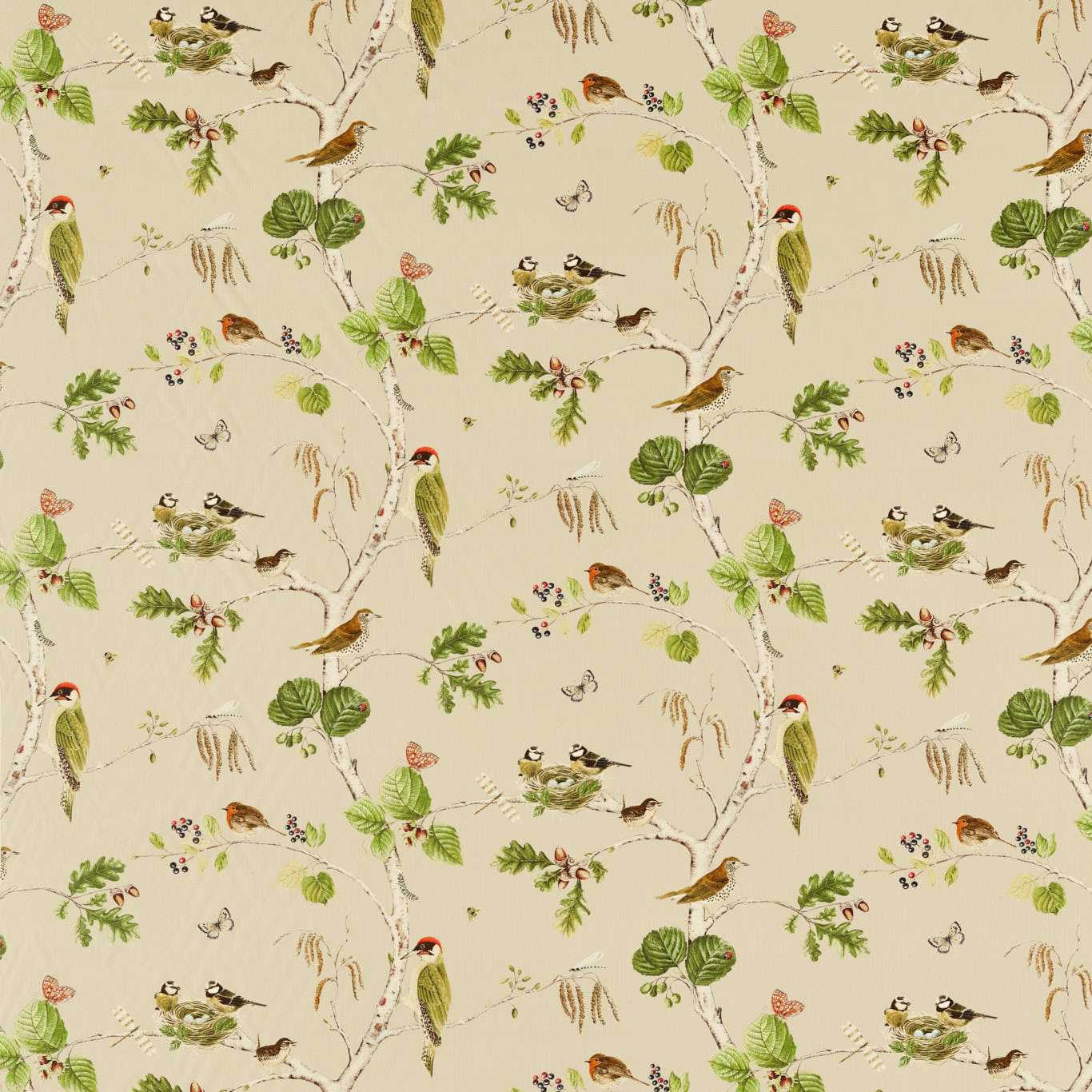 Cream botanical fabric with birds, branches and green leaves