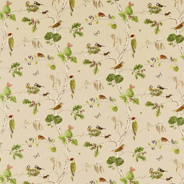 Cream botanical fabric with birds, branches and green leaves