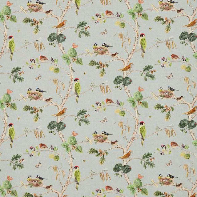 Pale sky-blue printed fabric with birds, branches, nests and leaves