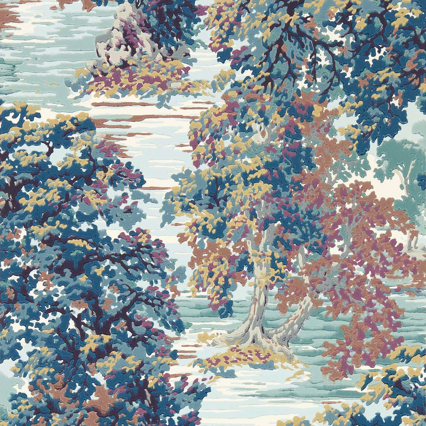 Dense forest-green canopy framing a pale clearing with blue, ochre and rose foliage