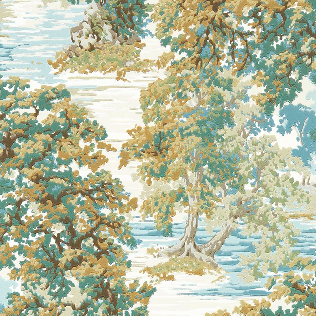Moss green and aqua woodland canopy with ochre branches over a pale ground