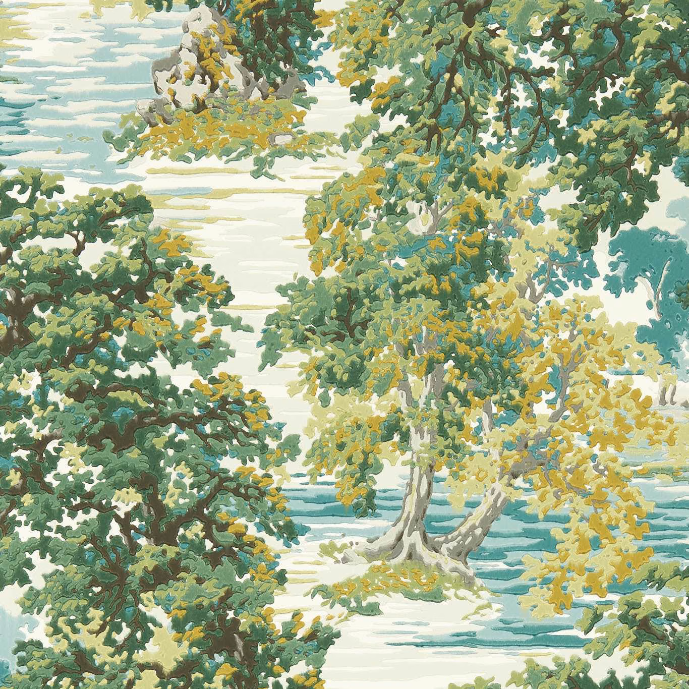 Sap green woodland wallpaper with aqua water, pale sky and ochre foliage