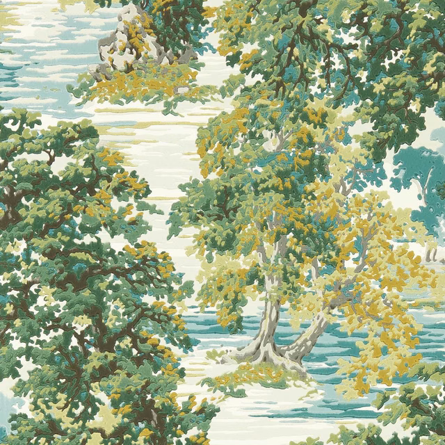 Sap green woodland wallpaper with aqua water, pale sky and ochre foliage