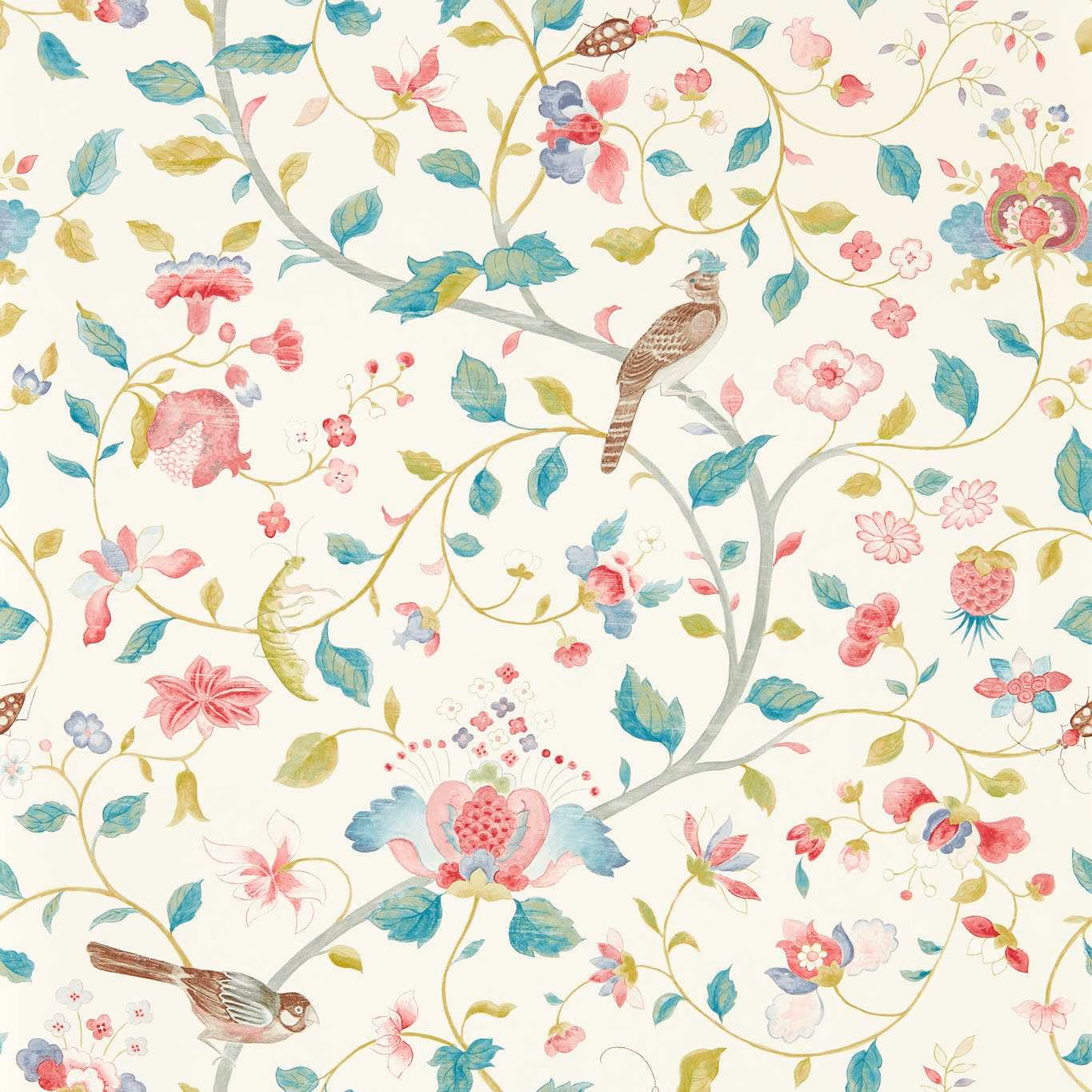 Cream wallpaper with blue-clay leaves, pink blossoms, birds and curling botanical stems