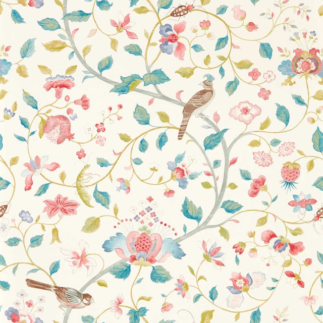 Cream wallpaper with blue-clay leaves, pink blossoms, birds and curling botanical stems