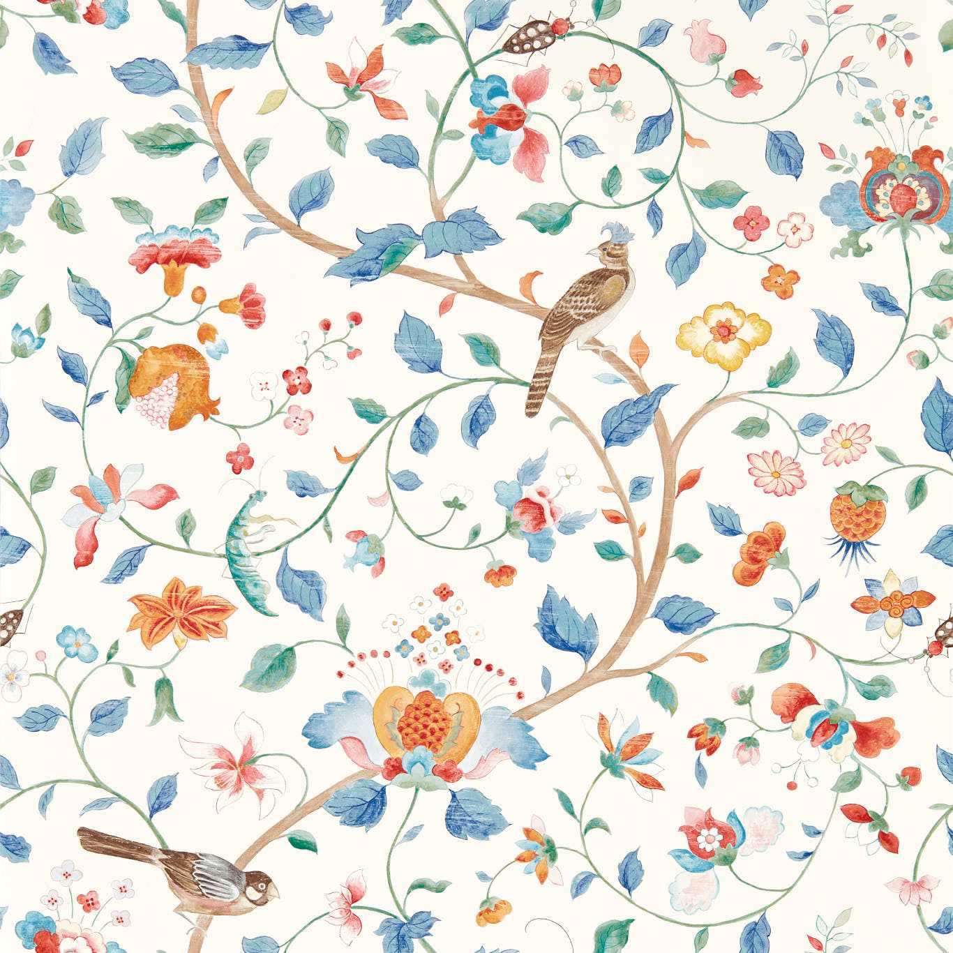 Cream wallpaper with indigo leaves, coral flowers, birds and curling botanical branches